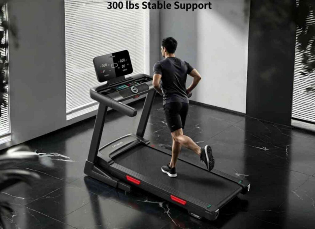 Person running on quiet foldable treadmill at home