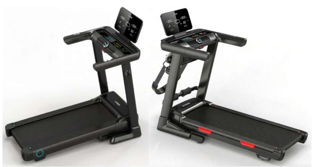 Two RuiMan quiet foldable treadmills showing storage modes